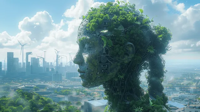 Tree-covered statue with a blank green panel stands before a futuristic city with solar panels, wind turbines, and blue sky clouds.