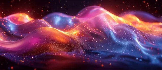 Iridescent holographic waves with metallic lines on a dark background