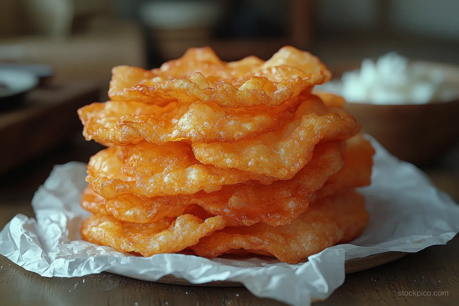 Crispy golden arancini in a crinkled paper wrapper stacked on a wooden table.
