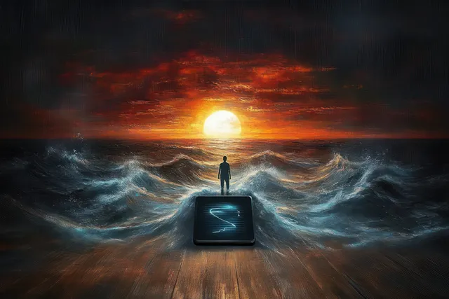 Silhouette stands on a floating tablet over stormy ocean under glowing sunset sky