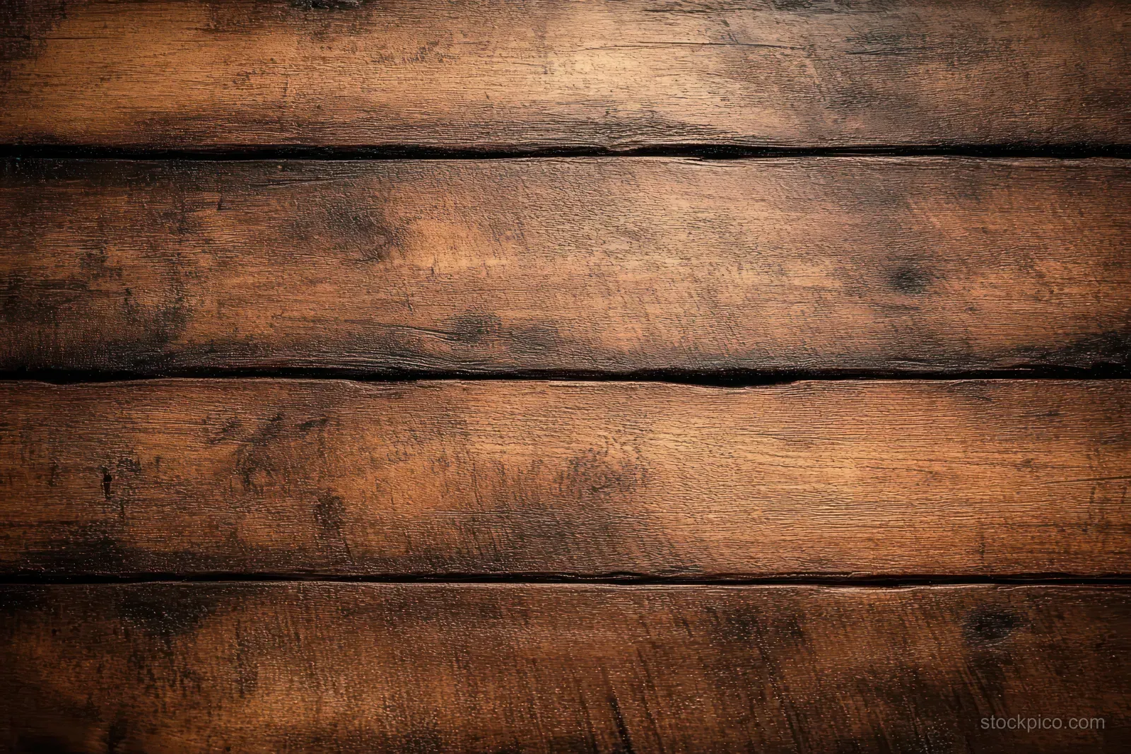 Dark brown wooden planks in close-up showing knots, grain texture, and horizontal weathered boards.