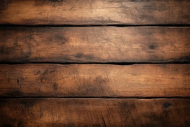 Dark brown wooden planks in close-up showing knots, grain texture, and horizontal weathered boards.