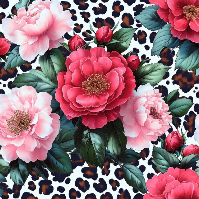 Watercolor rose and peony floral pattern over leopard spots with vintage foliage