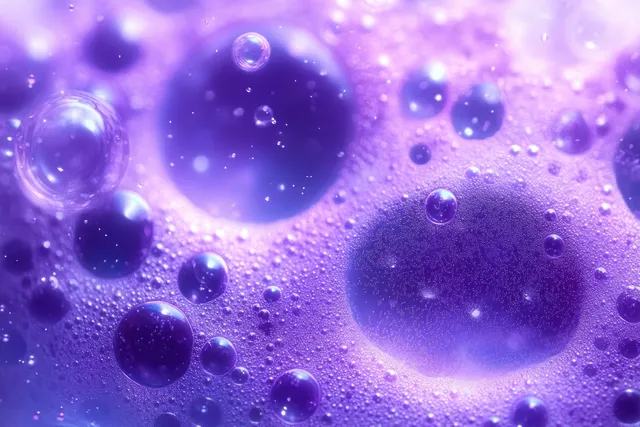 Purple violet gel bubbles with glossy shimmer on a soft gradient background