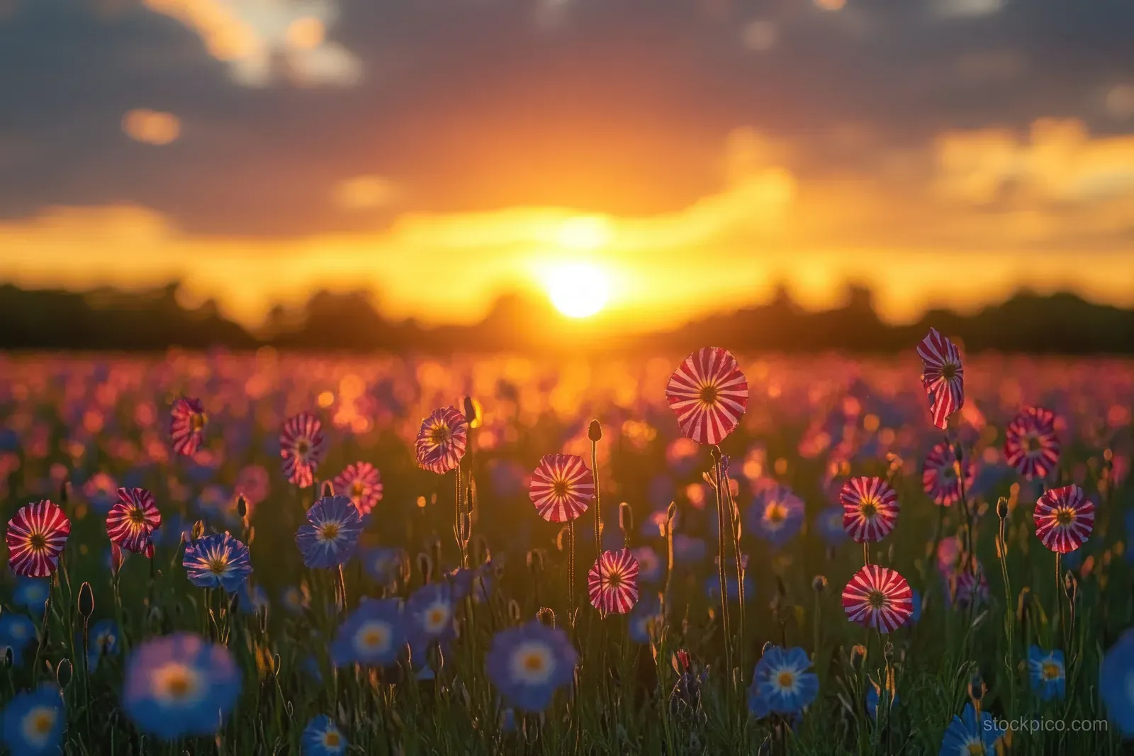 American flags and wildflowers sway in front of a glowing sunset sky with warm golden light.