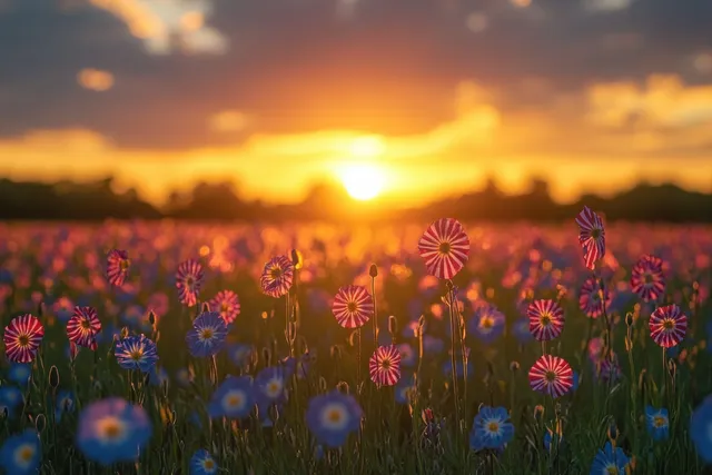 American flags over wildflowers at Veterans Day sunset with warm golden glow