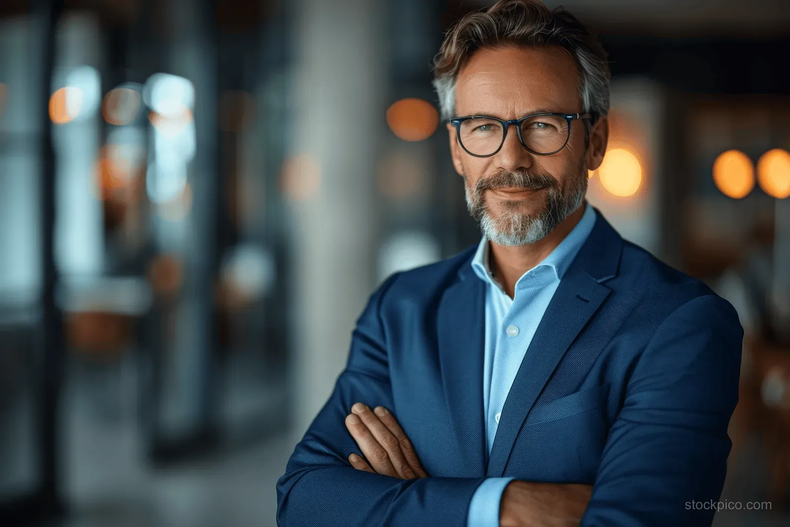 A middle aged man with glasses and a beard stands with arms crossed in a modern office wearing a blue suit.