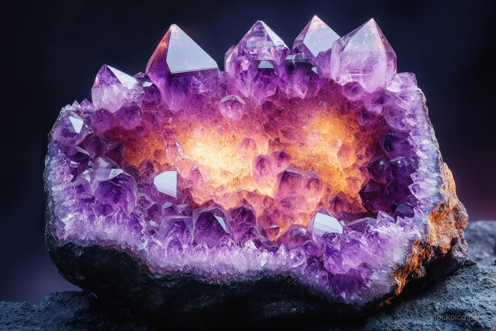 Close-up of a glowing purple amethyst geode with sharp translucent crystal points on dark stone.