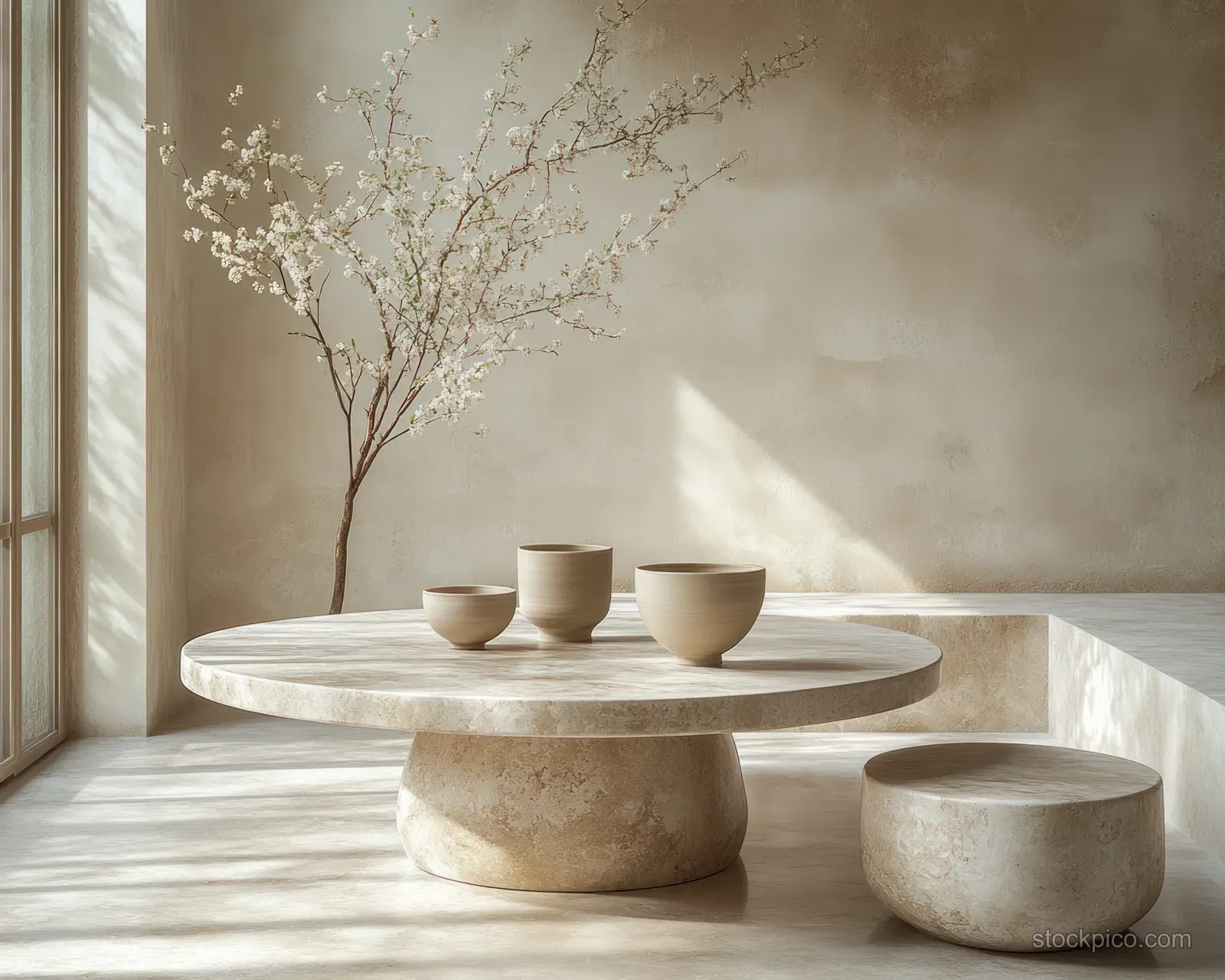 Round marble table with three ceramic bowls and a small twig branch in warm natural light.