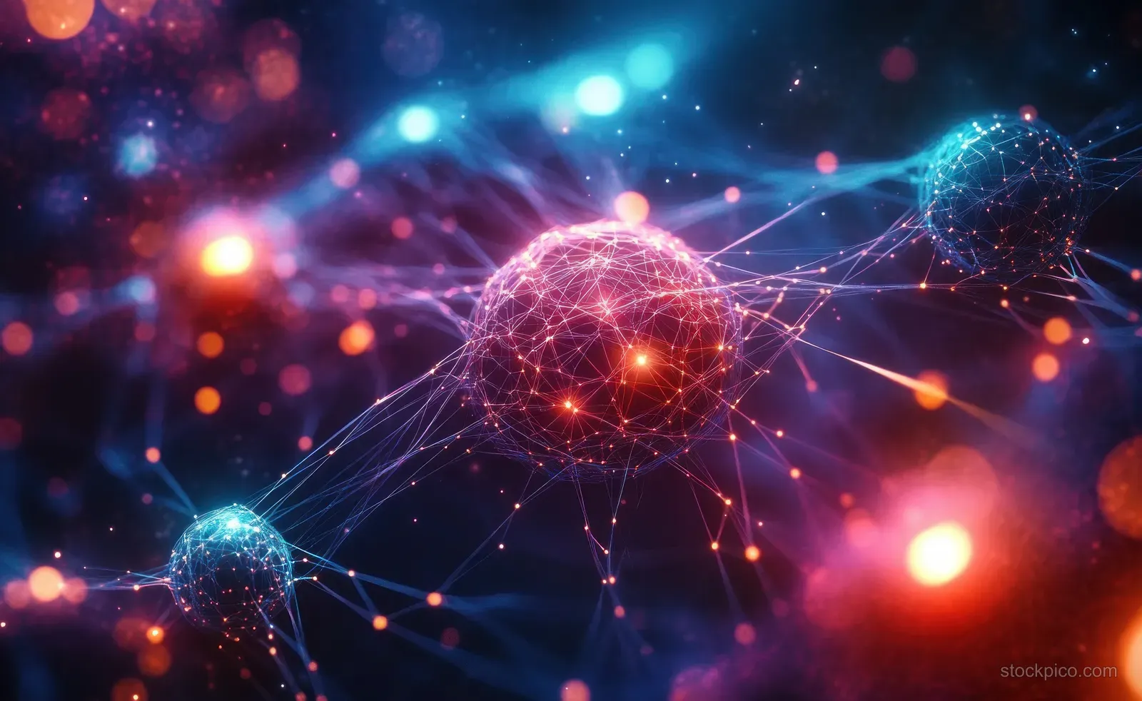 Glowing neural network nodes connected by bright lines in a dark neon futuristic scene.