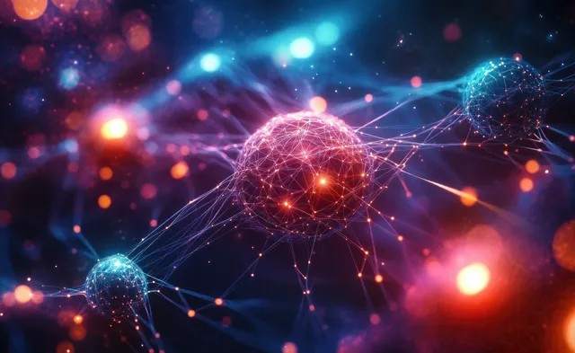 Neural network nodes glowing in a cyberpunk neon space