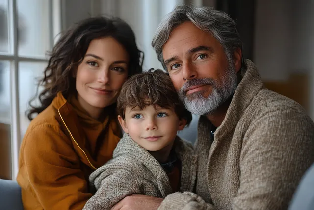 Smiling parents and young son cuddled together indoors, warm window light and cozy blankets