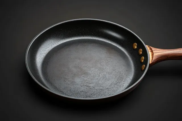 Empty black frying pan with wooden handle on a dark background, showing the inner cooking surface and rivets.