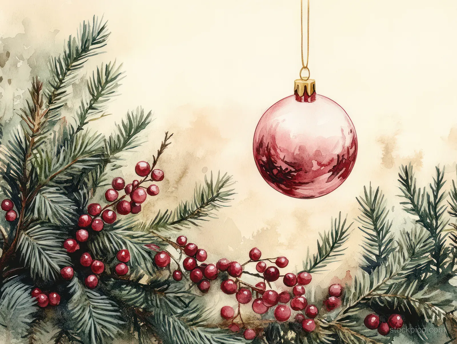 Watercolor pine branches and red berry wreath frame a hanging pink glass ornament against a light background.