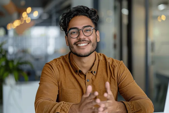 Smiling young man speaking during an office interview, gesturing with hands near glass panels
