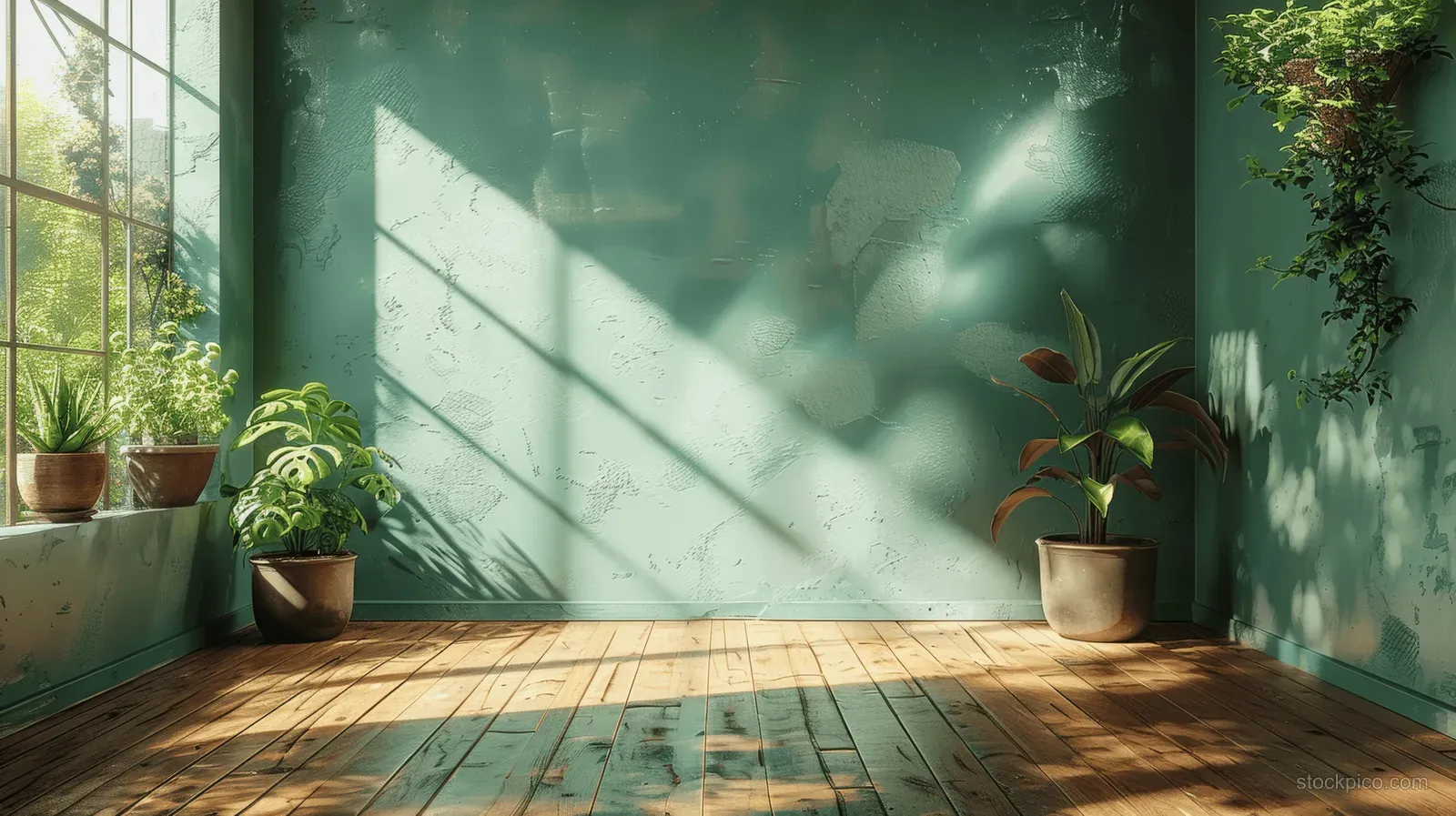 Empty minimalist room with light green walls, wooden floor, and potted plants casting sunlit shadows.