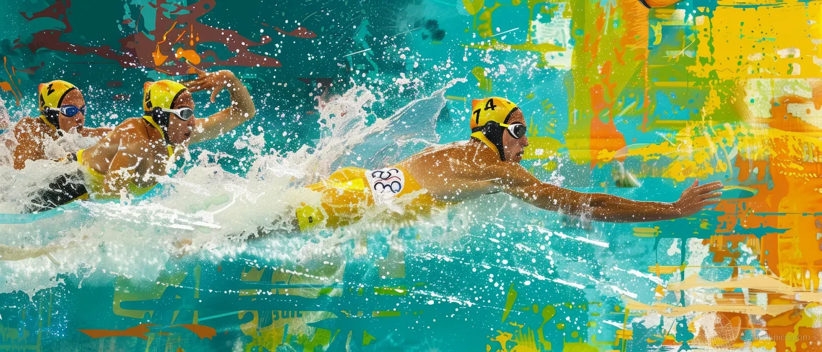 A men’s swimmer surges through the pool lane, throwing water splashes against a bright abstract backdrop.