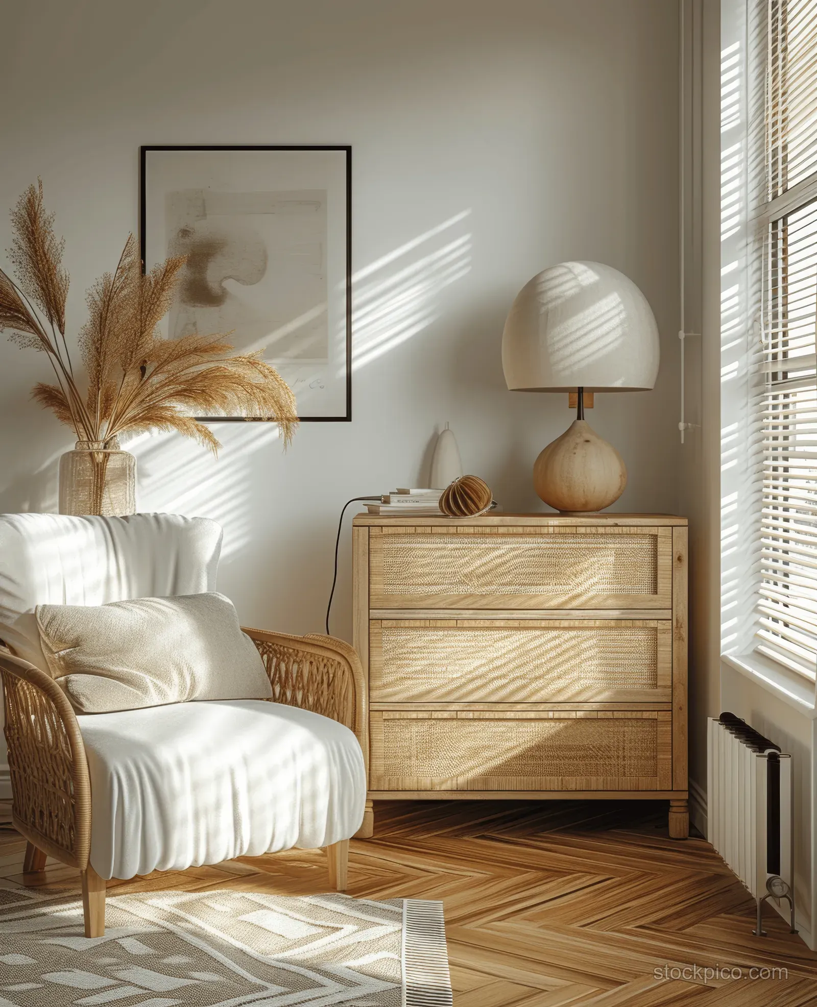 Cozy minimalist bedroom corner with a lit table lamp, rattan chest of drawers, white walls, and parquet floor.