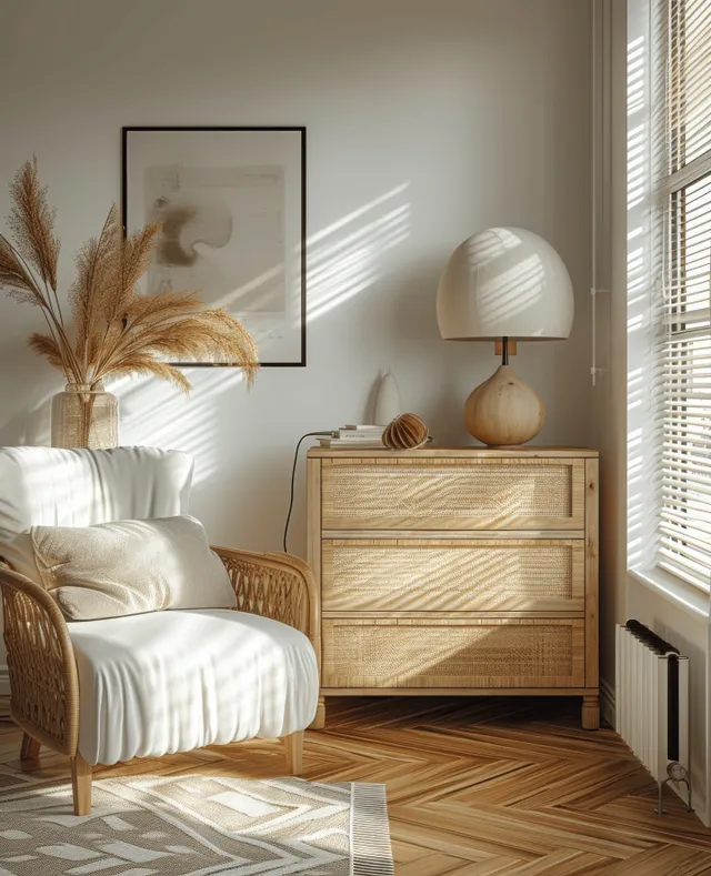 Cozy minimalist bedroom corner with a lit table lamp, rattan chest of drawers, white walls, and parquet floor.