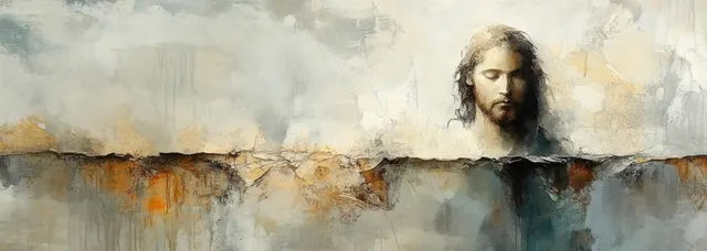 An abstract portrait of Jesus appears in soft earth tones with layered grunge texture and diffused light.