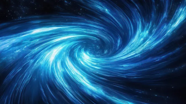 A vivid blue cosmic vortex spirals through deep space, surrounded by stars and glowing flowing light streams.