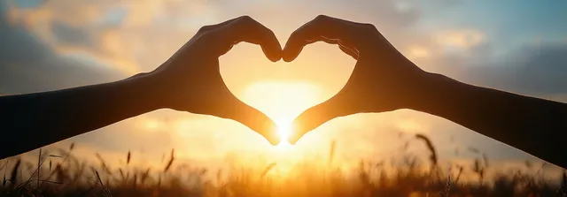 Hands form a heart silhouette framing a golden sunset above tall grass