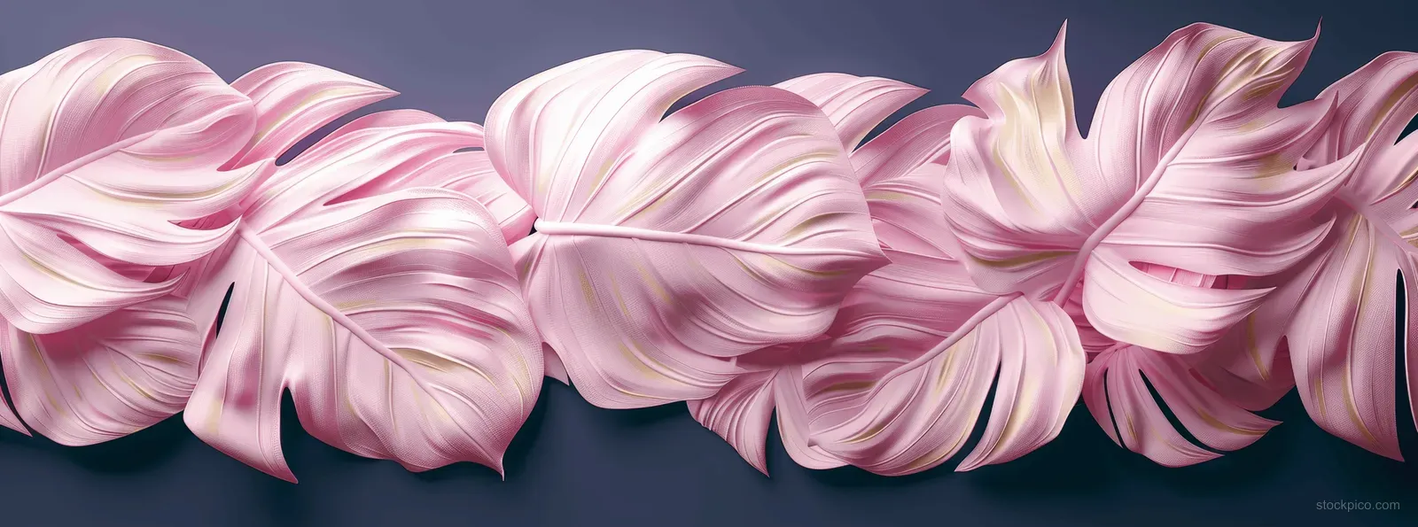 Pink and white monstera leaves appear raised in a sculpted 3D pattern against a dark backdrop.