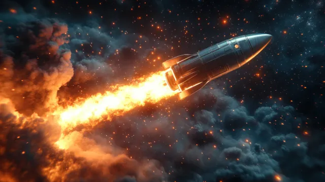 Rocket launch blazing across starry clouds at twilight, bright exhaust streaks and smoke trail