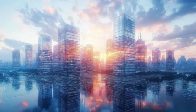 Sunrise skyline with tall glass office buildings reflected in a calm river.