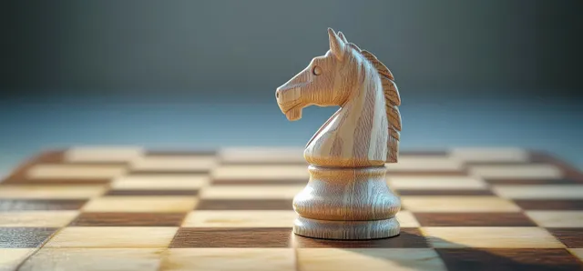 A wooden knight chess piece stands on a chessboard with soft blurred background light.