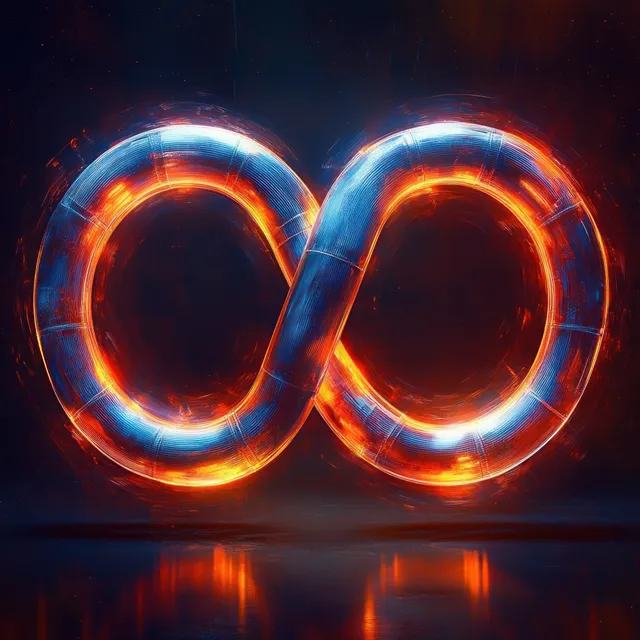 A metallic infinity loop glows with orange and blue light against a dark background with reflective highlights.