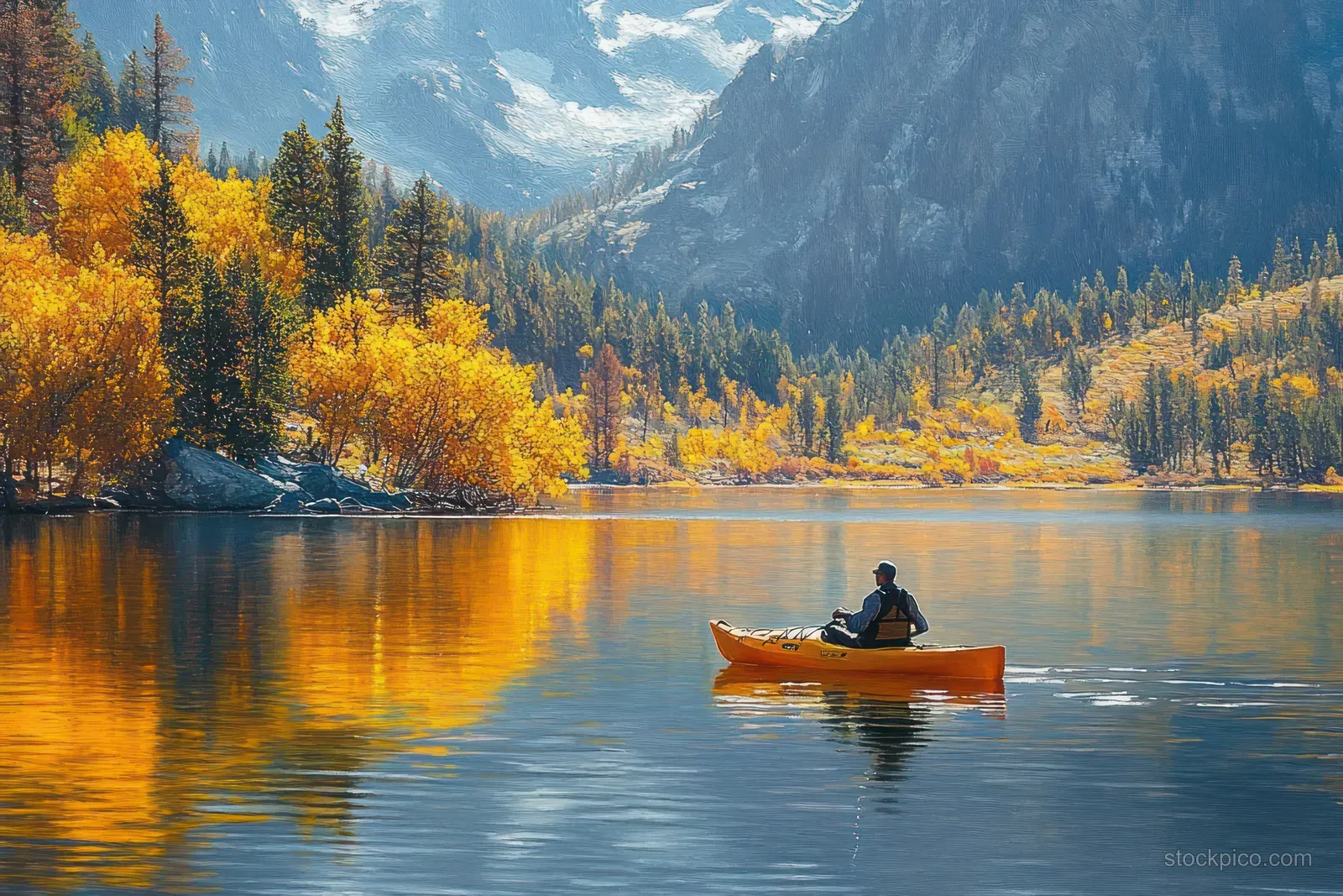 A person kayaking on a calm autumn lake with golden trees and mountain peaks in the background.