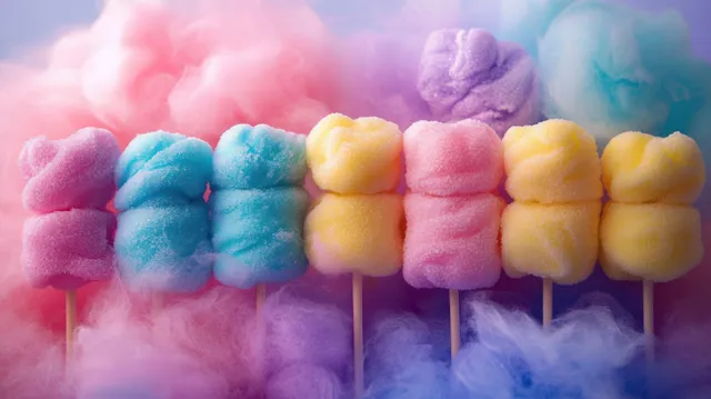 Colorful marshmallows on sticks are framed by swirling pink, purple, and blue cotton candy clouds.