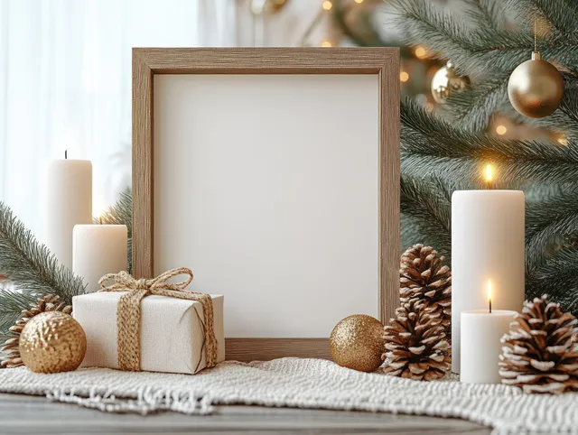 A wooden picture frame stands on a winter holiday shelf with pine branches, pinecones, and lit candles.