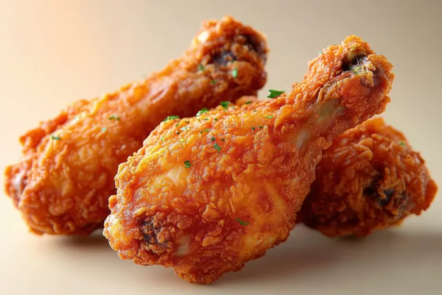 Three golden fried chicken drumsticks with crispy coating and small green herbs on a beige background.
