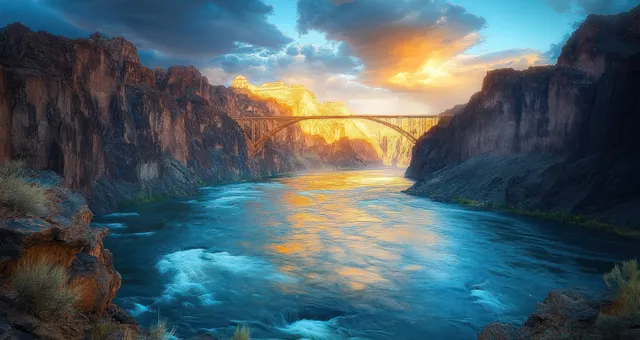 Sunset-lit river flows through a rocky canyon with a large arch bridge in the distance under dramatic clouds.