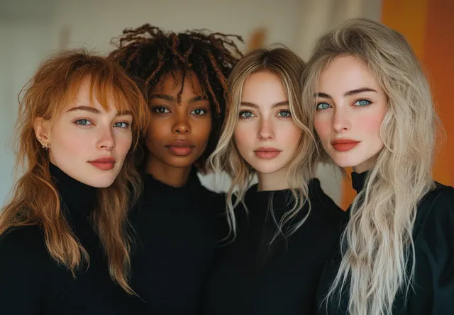 Four diverse women pose together closely, colorful hair and warm studio light behind them