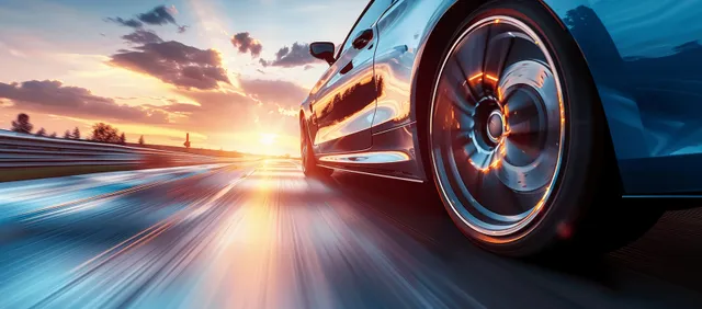 Blue sports car speeds along highway at sunset, motion blur side wheel view