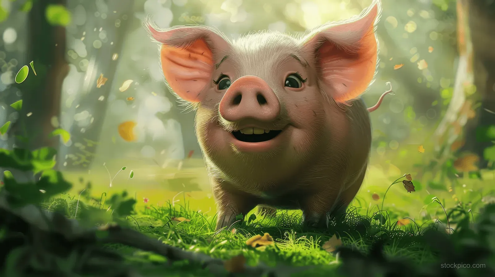 Cute baby pig stands on green grass in a sunny forest with warm light and soft background bokeh.