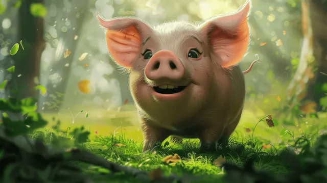 Cute baby pig stands on green grass in a sunny forest with warm light and soft background bokeh.