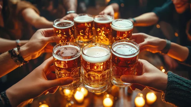 Friends clinking frosty beer pints in a cozy brewery pub, warm bar lights glowing