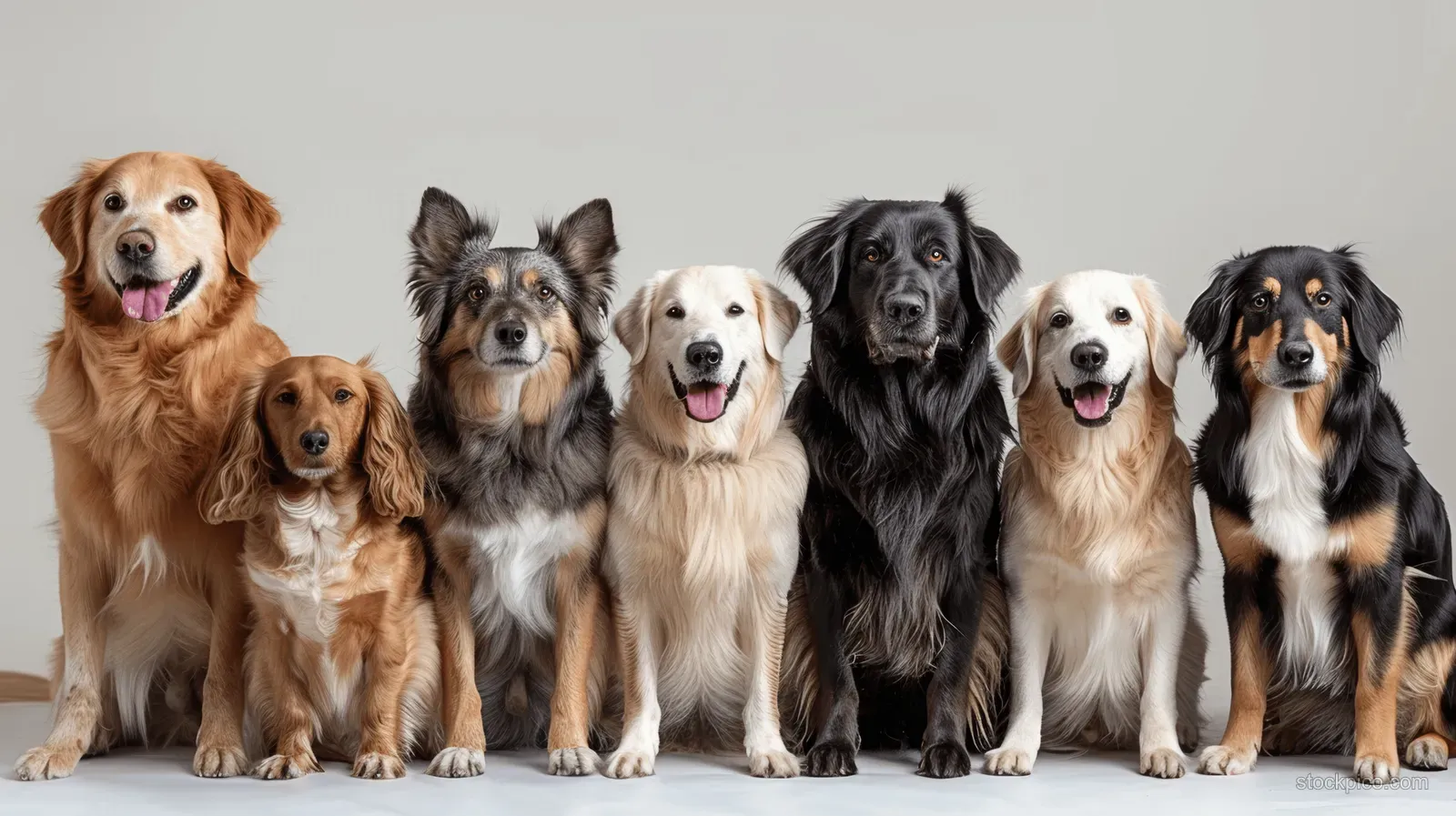 Seven different breed dogs pose together in a studio with a white background.