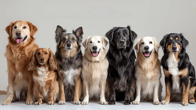 Seven different breed dogs pose together in a studio with a white background.