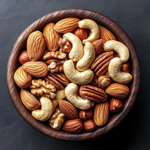 Mixed nuts piled in a round wooden bowl on a dark surface with visible cashews and almonds.
