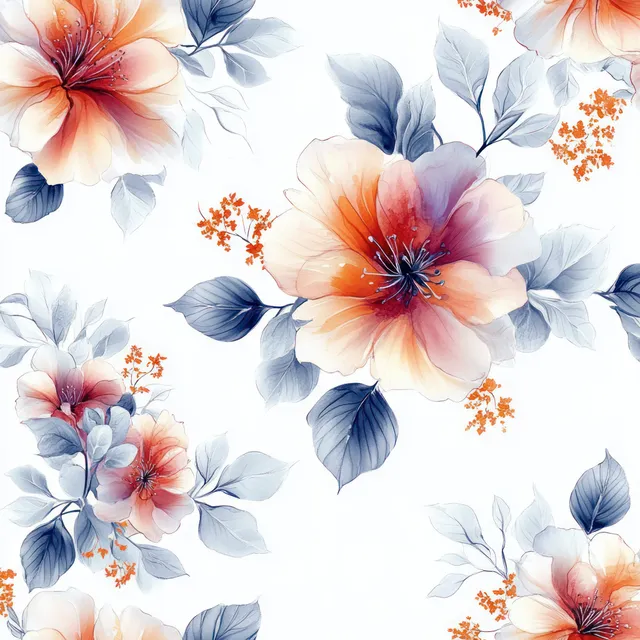 Seamless watercolor floral pattern with peach and blue blossoms and small orange details on a light pastel background.