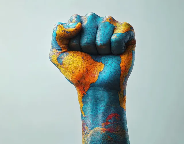 A raised fist painted with colorful world map continents stands on a plain light background.