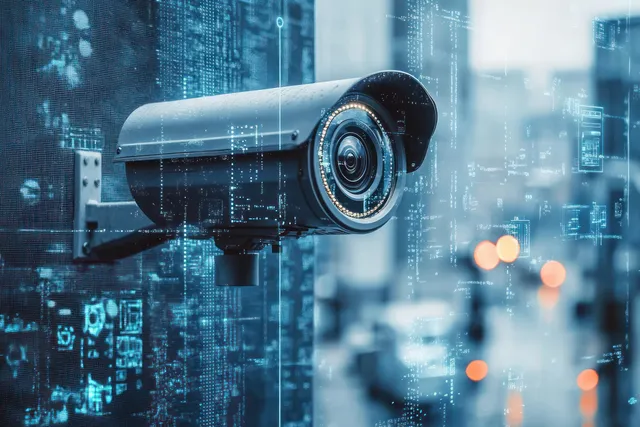 Cyberpunk surveillance camera scanning city streets with glowing AR interface overlays in blue light