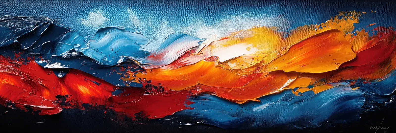 Abstract painting with red orange and blue cloud swirls across a dark canvas with thick textured brush strokes.