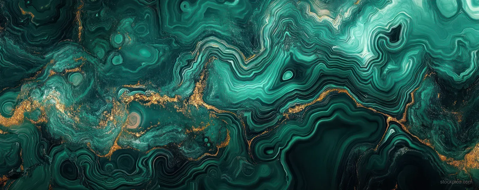 Macro view of teal and green agate stone swirls with layered bands and thin golden metallic veins.