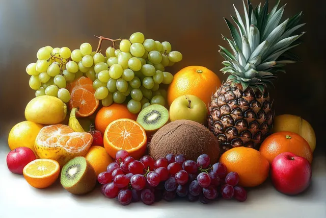 Assorted fresh fruits including pineapple, grapes, citrus, kiwi, and apples arranged closely on a light surface.